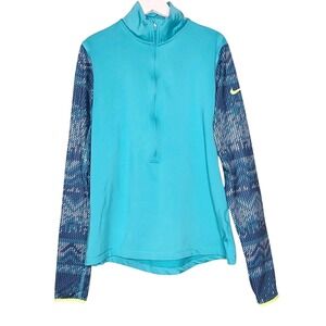 Nike Pro Womens Hyperwarm Nordic 1/2 Zip Top Teal Thumb Holes Sports Active L
